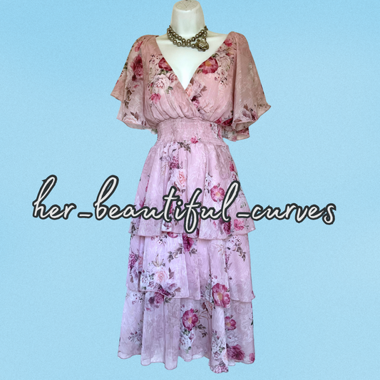 QUIZ FLORAL PRINT GLITTERING THREADS TIERED MIDI OCCASION PARTY DRESS SIZE 14