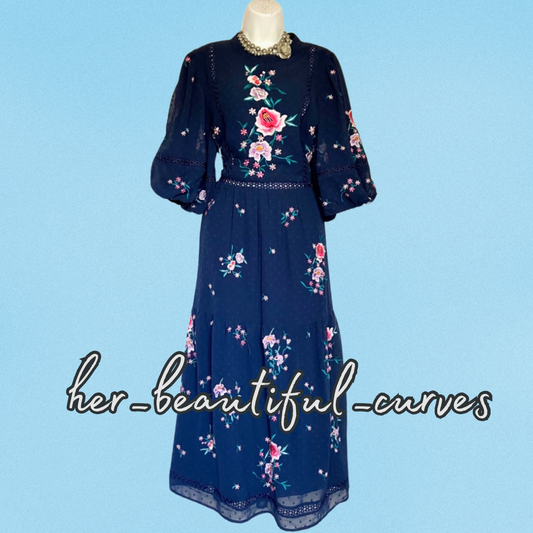 ASOS NAVY Embroidered FLORAL MIDI OCCASION PARTY DRESS SIZE 24