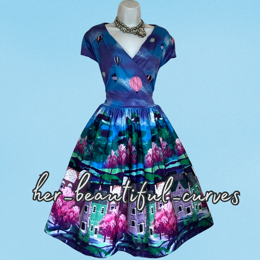 LINDY BOP PURPLE STREET PRINT VINTAGE STYLE WEDDING OCCASION PARTY DRESS SIZE 18