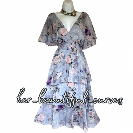 QUIZ FLORAL PRINT GLITTERING THREADS TIERED MIDI OCCASION PARTY DRESS SIZE 18