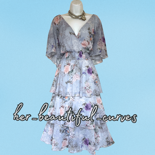 QUIZ FLORAL PRINT GLITTERING THREADS TIERED MIDI OCCASION PARTY DRESS SIZE 26