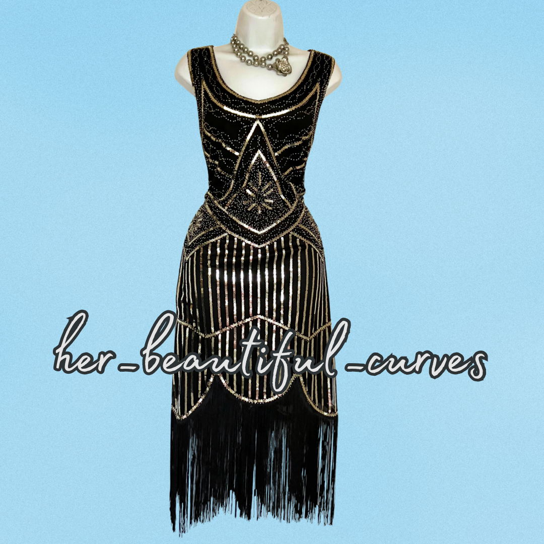 LADIES SEQUINED BEADED FRINGED 20s GATSBY OCCASION PARTY DRESS SIZE L FITS 12/14