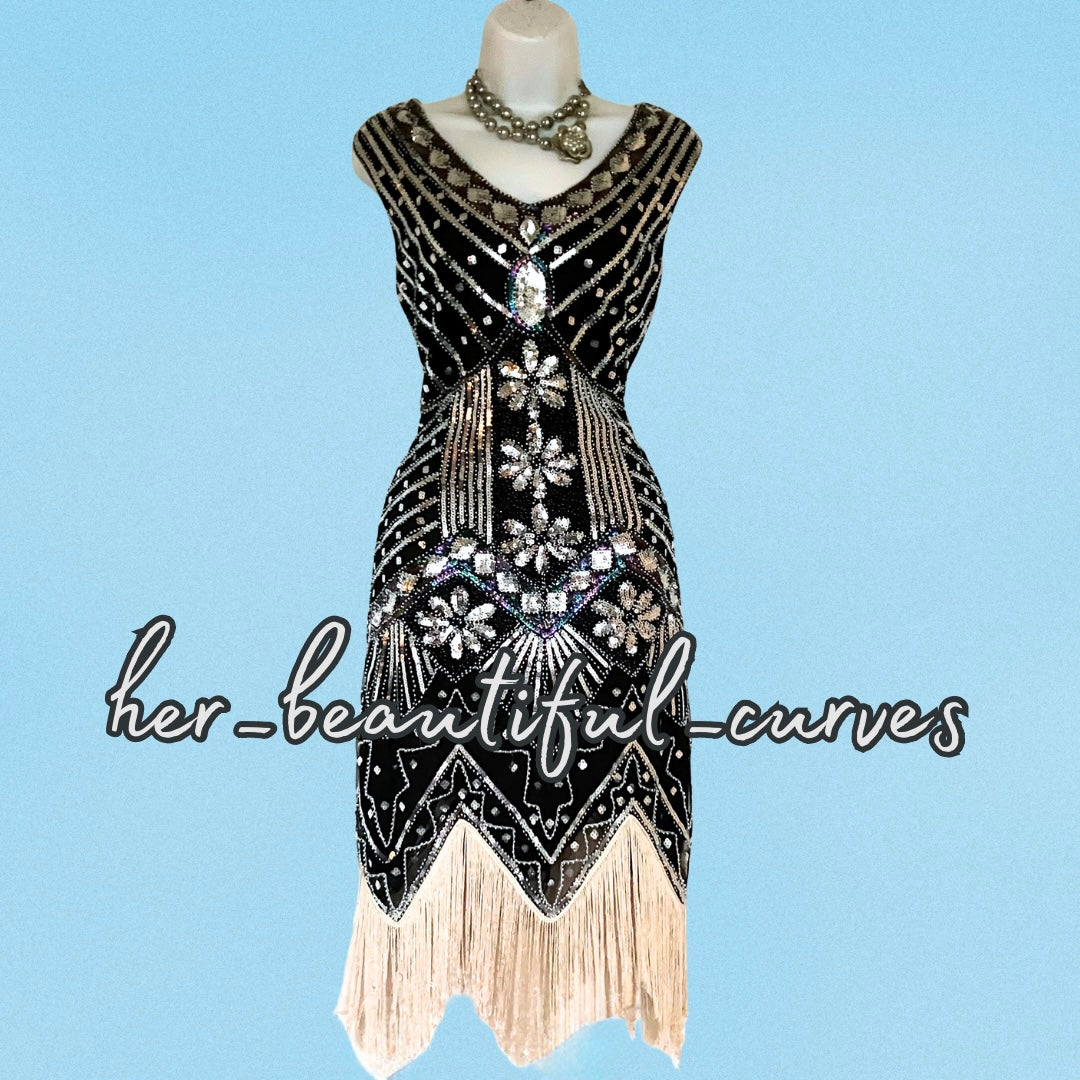 LADIES SEQUINS BEADS 20s GATSBY OCCASION PARTY DRESS SIZE XL FITS 12/14