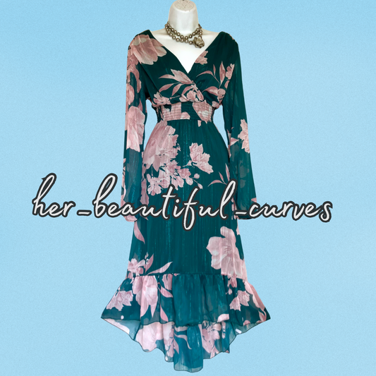QUIZ FLORAL SHIMMERING THREADS HI LOW WEDDING OCCASION PARTY DRESS SIZE 14