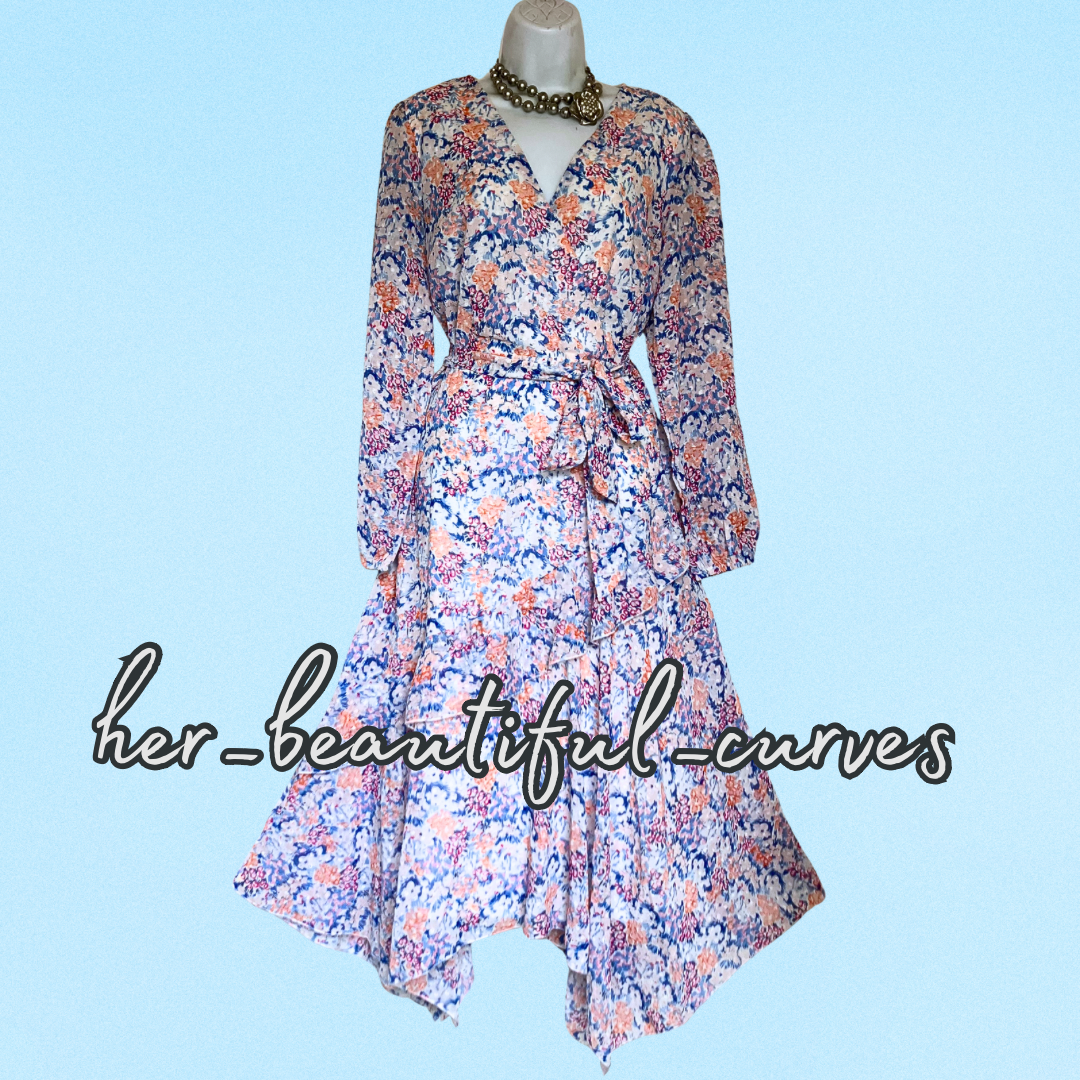 QUIZ FLORAL & DOT PATTERN HANDKERCHIEF HEM WEDDING OCCASION PARTY DRESS SIZE 14