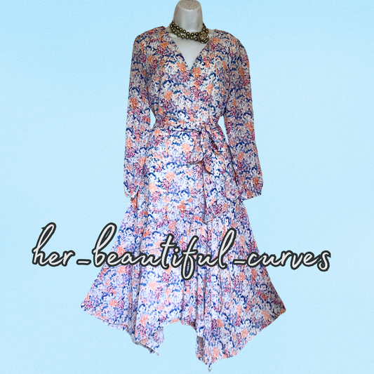 QUIZ FLORAL & DOT PATTERN HANDKERCHIEF HEM WEDDING OCCASION PARTY DRESS SIZE 14