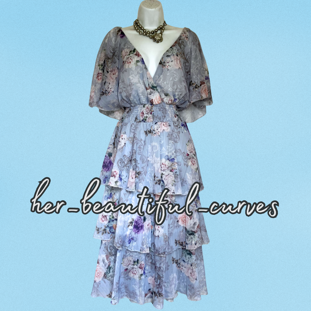 QUIZ FLORAL PRINT GLITTERING THREADS TIERED MIDI OCCASION PARTY DRESS SIZE 22