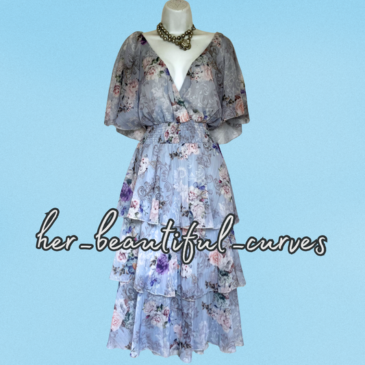 QUIZ FLORAL PRINT GLITTERING THREADS TIERED MIDI OCCASION PARTY DRESS SIZE 22