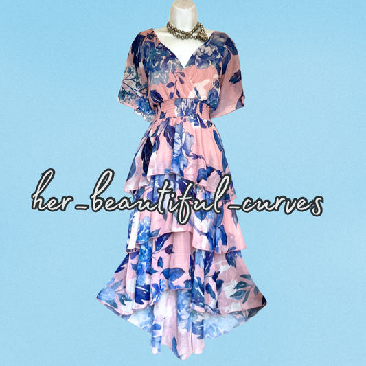 QUIZ FLORAL PRINT GLITTER THREADS TIERED HI LOW PARTY DRESS SIZE 20
