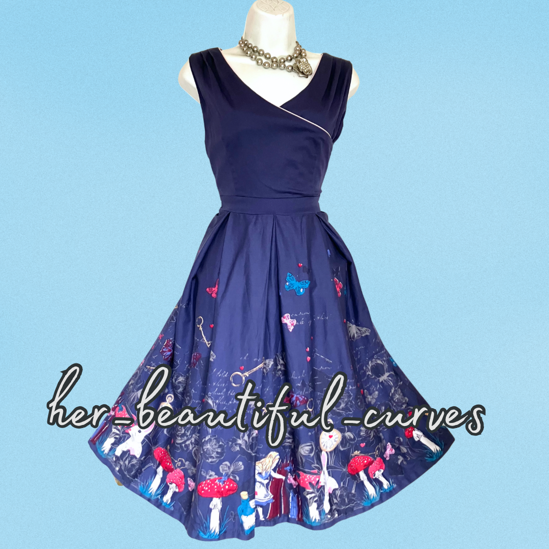 LINDY BOP ALICE IN WONDERLAND PRITN VINTAGE STYLE OCCASION PARTY DRESS SIZE 12
