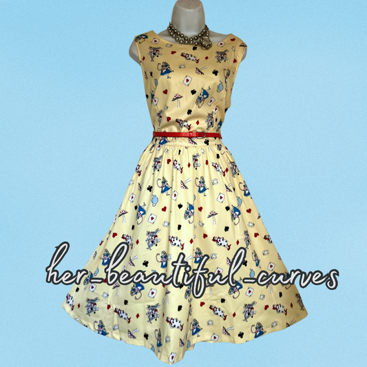 LINDY BOP ALICE IN WONDERLAND 50s VINTAGE STYLE OCCASION PARTY DRESS SIZE 16 NEW