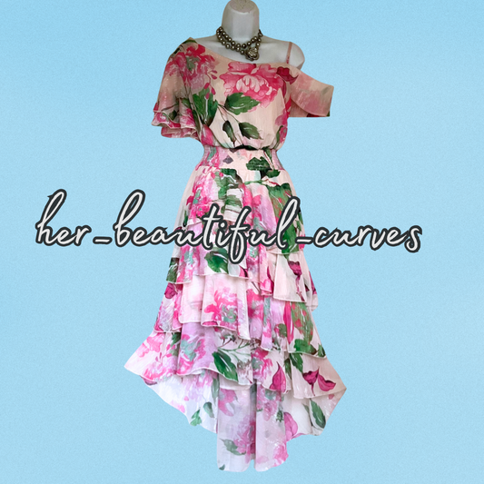 QUIZ ONE SHOULDER FLORAL SHIMMERING THREADS HI LOW PARTY DRESS SIZE 18