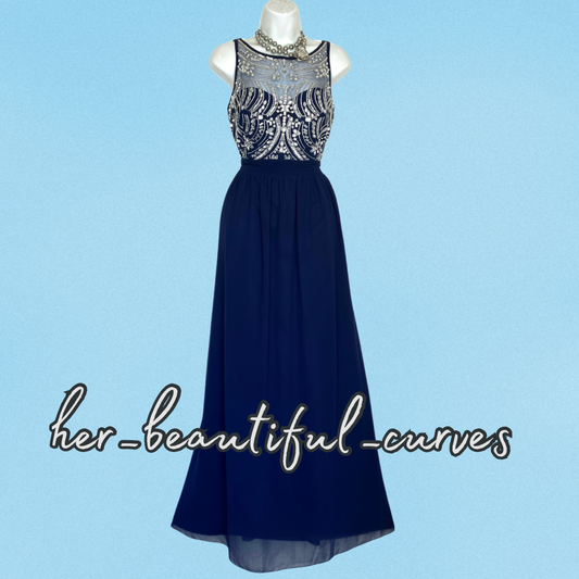 QUIZ RICH NAVY SHIMMERING SILVER EMBROIDERIES & BEADS MAXI EVEING DRESS SIZE 18