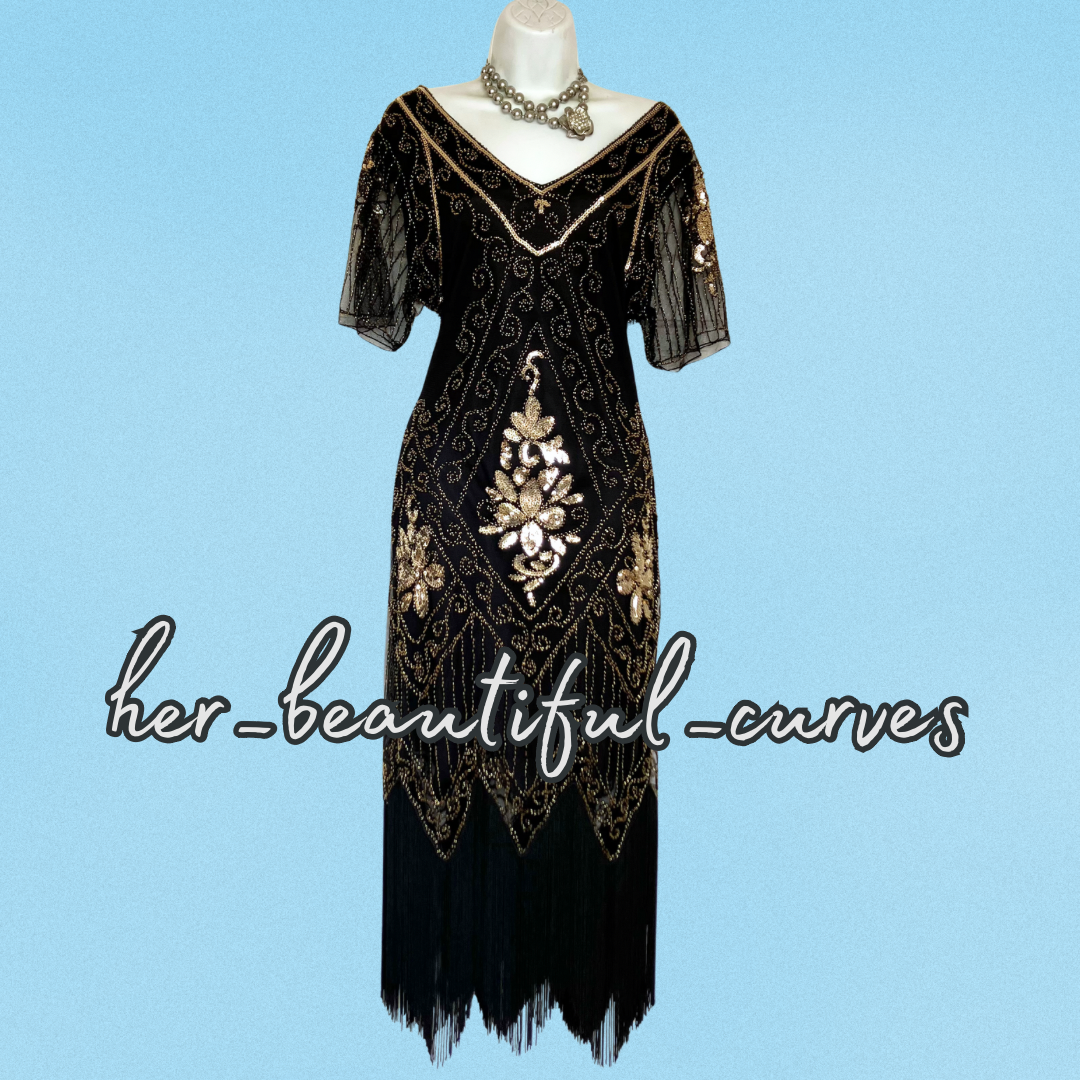 FAYBOX 20s GATSBY FLAPPER SEQUINED BEADED FRINGED PARTY DRESS SIZE L FITS 14