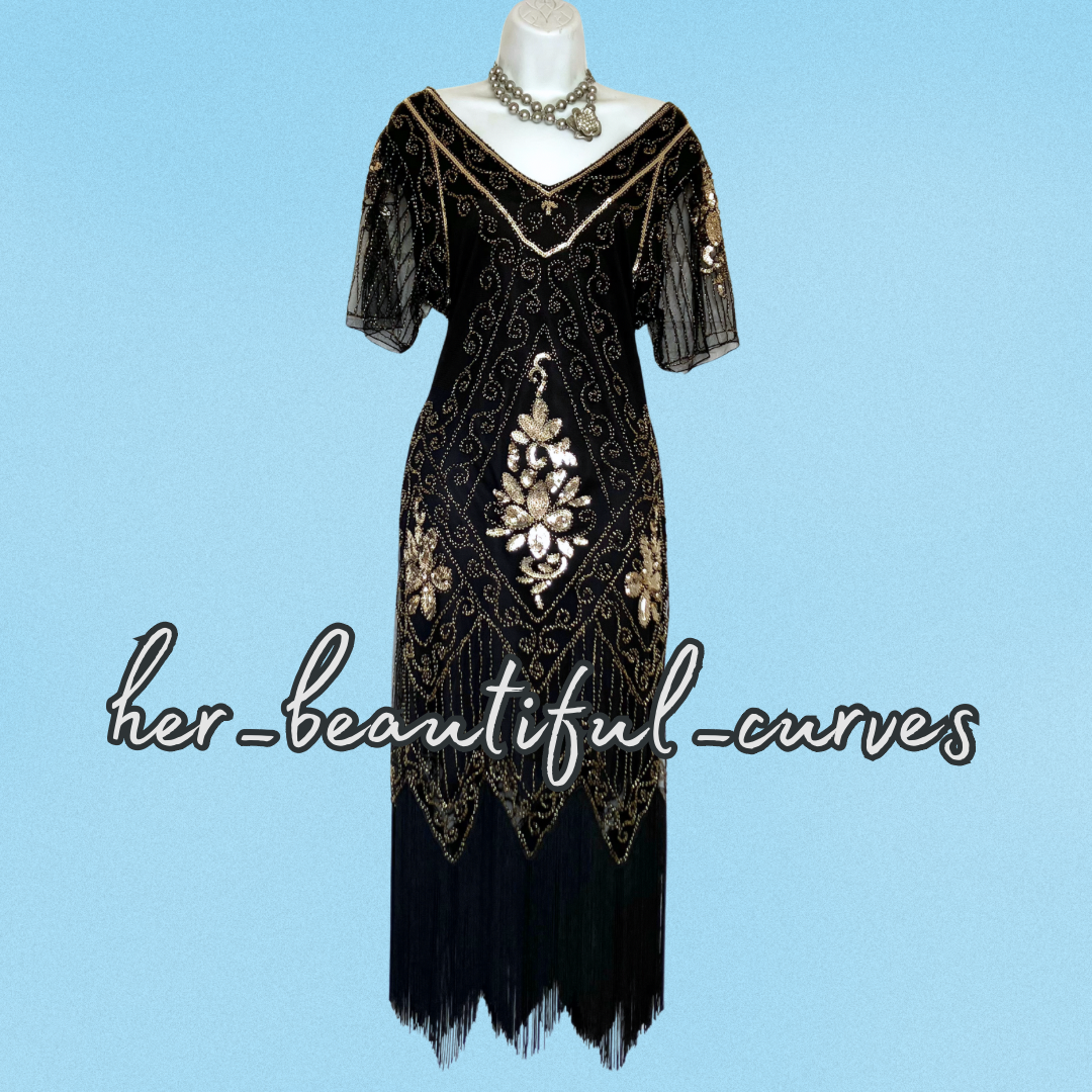 FAYBOX 20s GATSBY FLAPPER SEQUINED BEADED FRINGED PARTY DRESS SIZE L FITS 14