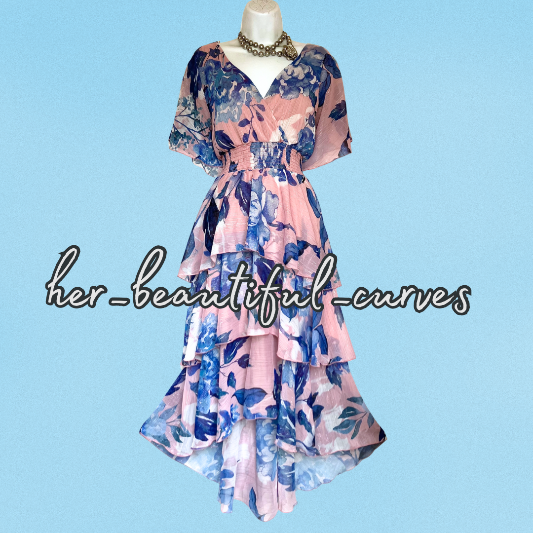 QUIZ FLORAL PRINT GLITTER THREADS TIERED HI LOW PARTY DRESS SIZE 20