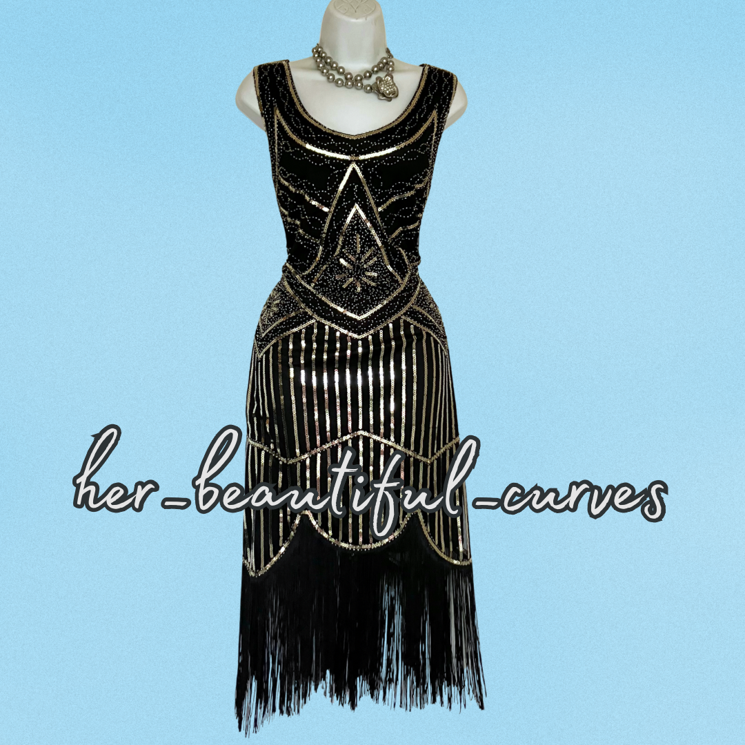 LADIES SEQUINED BEADED FRINGED 20s GATSBY OCCASION PARTY DRESS SIZE L FITS 12/14
