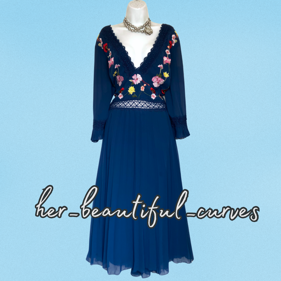 ASOS EMBROIDERED FLORAL PLEATED MIDI OCCASION PARTY DRESS SIZE 24