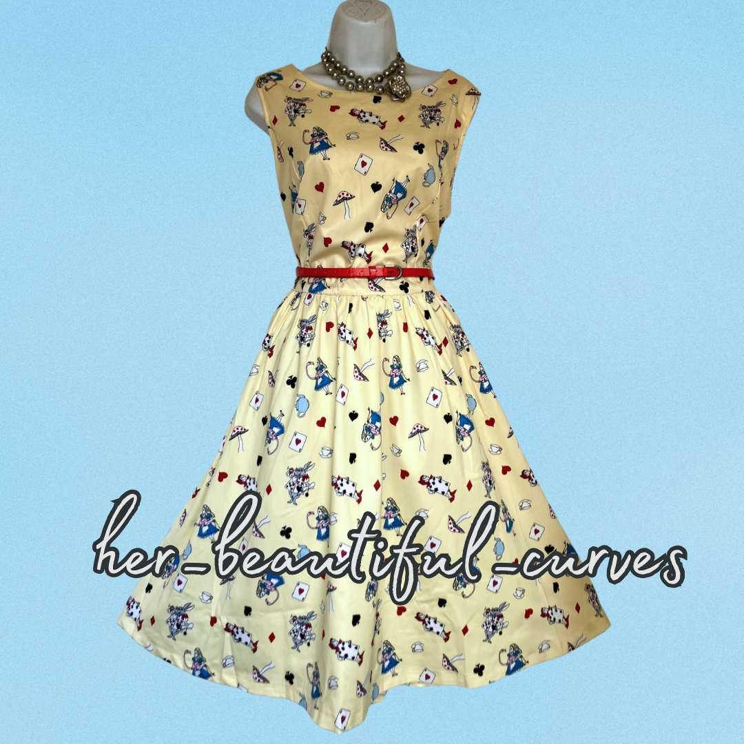LINDY BOP ALICE IN WONDERLAND 50s VINTAGE STYLE OCCASION PARTY DRESS SIZE 16 NEW