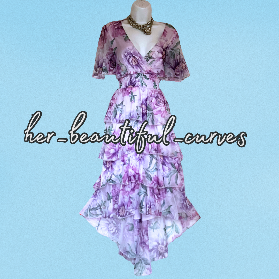 QUIZ FLORAL PRINT TIERED HI LOW PARTY DRESS SIZE 14