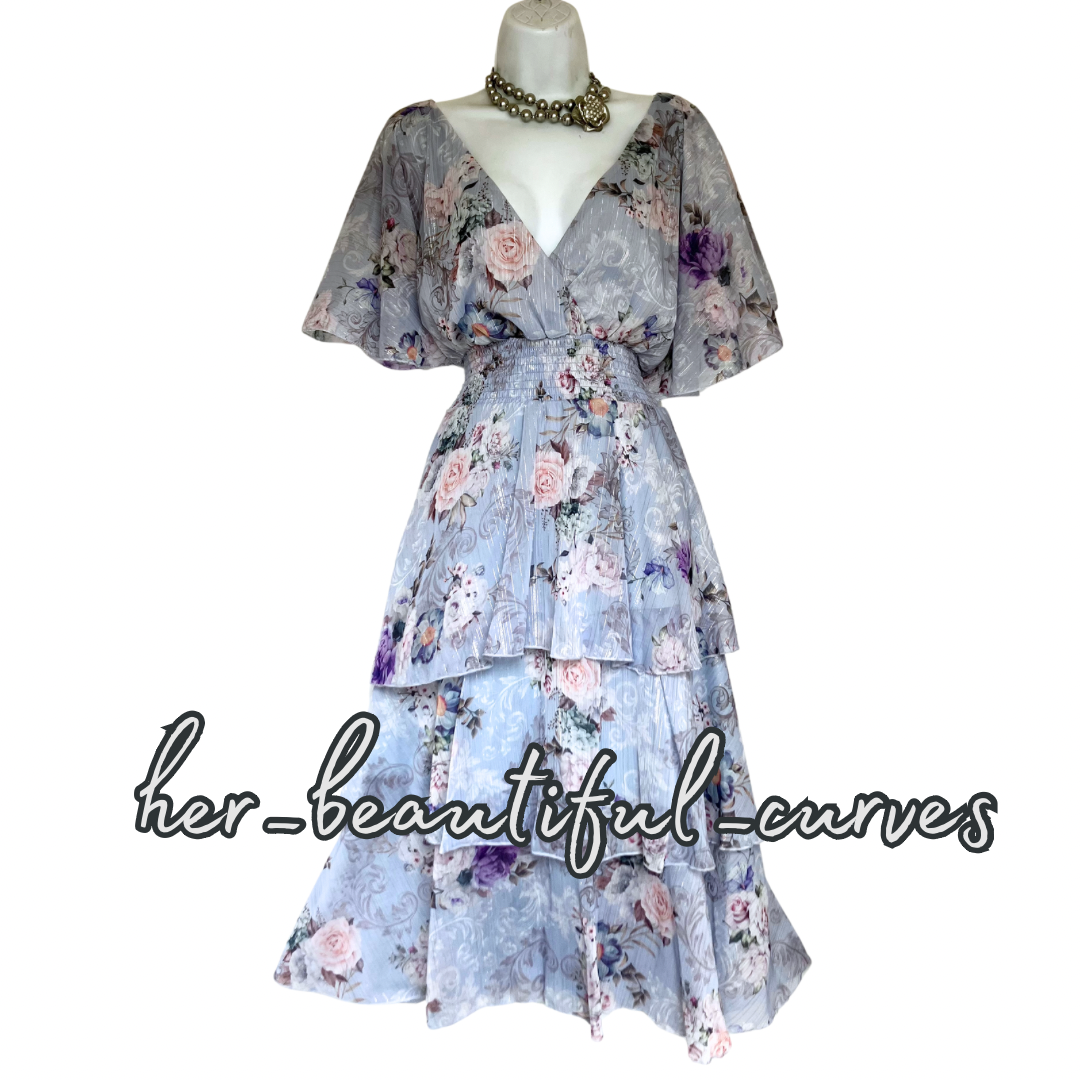 QUIZ FLORAL PRINT GLITTERING THREADS TIERED MIDI OCCASION PARTY DRESS SIZE 18