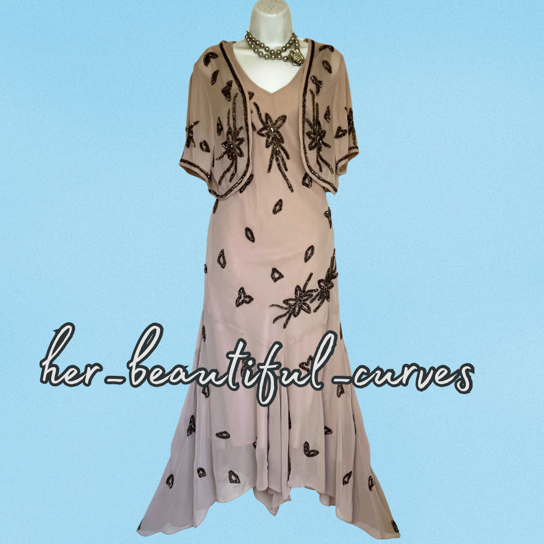 BERKERTEX SEQUINED BEADED FLORAL HANDKERCHIEF HEM DRESS & BOLERO SIZE 16 new