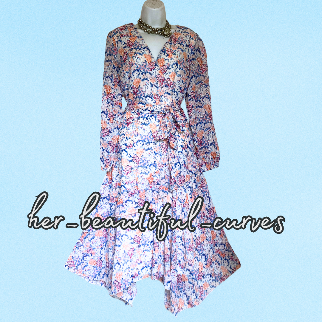 QUIZ FLORAL & DOT PATTERN HANDKERCHIEF HEM WEDDING OCCASION PARTY DRESS SIZE 14