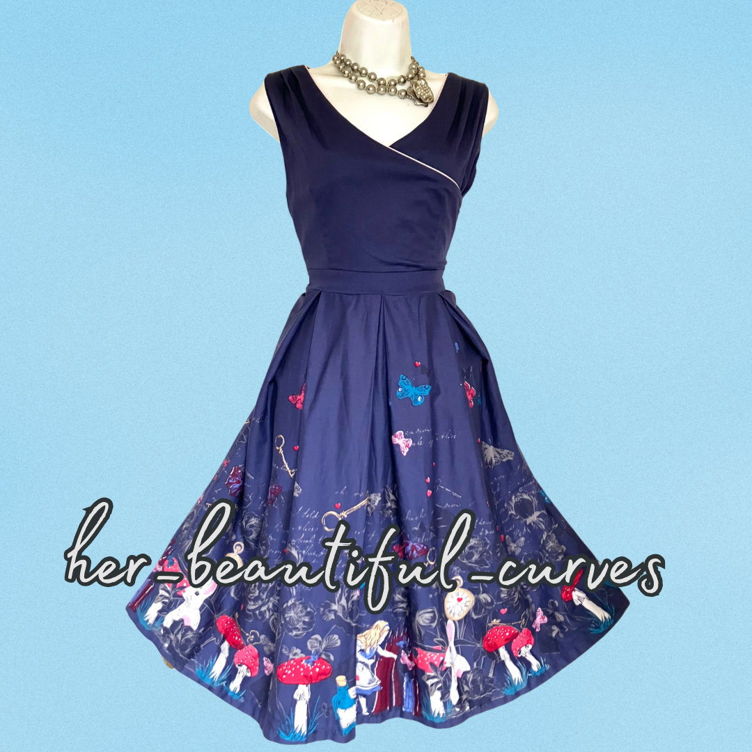 LINDY BOP ALICE IN WONDERLAND PRITN VINTAGE STYLE OCCASION PARTY DRESS SIZE 12