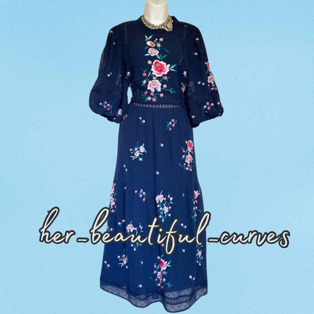 ASOS NAVY Embroidered FLORAL MIDI OCCASION PARTY DRESS SIZE 24