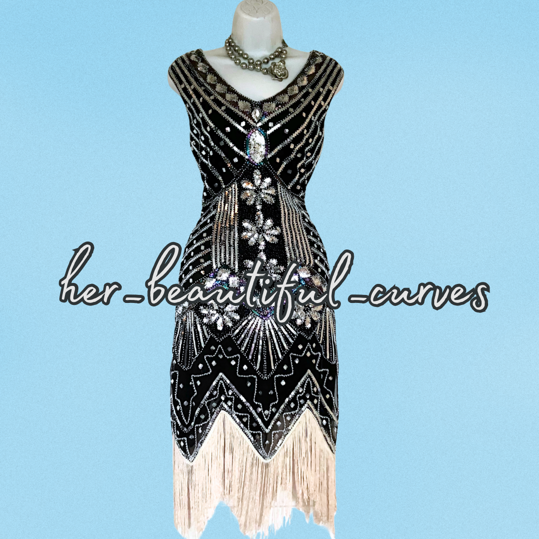 LADIES SEQUINS BEADS 20s GATSBY OCCASION PARTY DRESS SIZE XL FITS 12/14