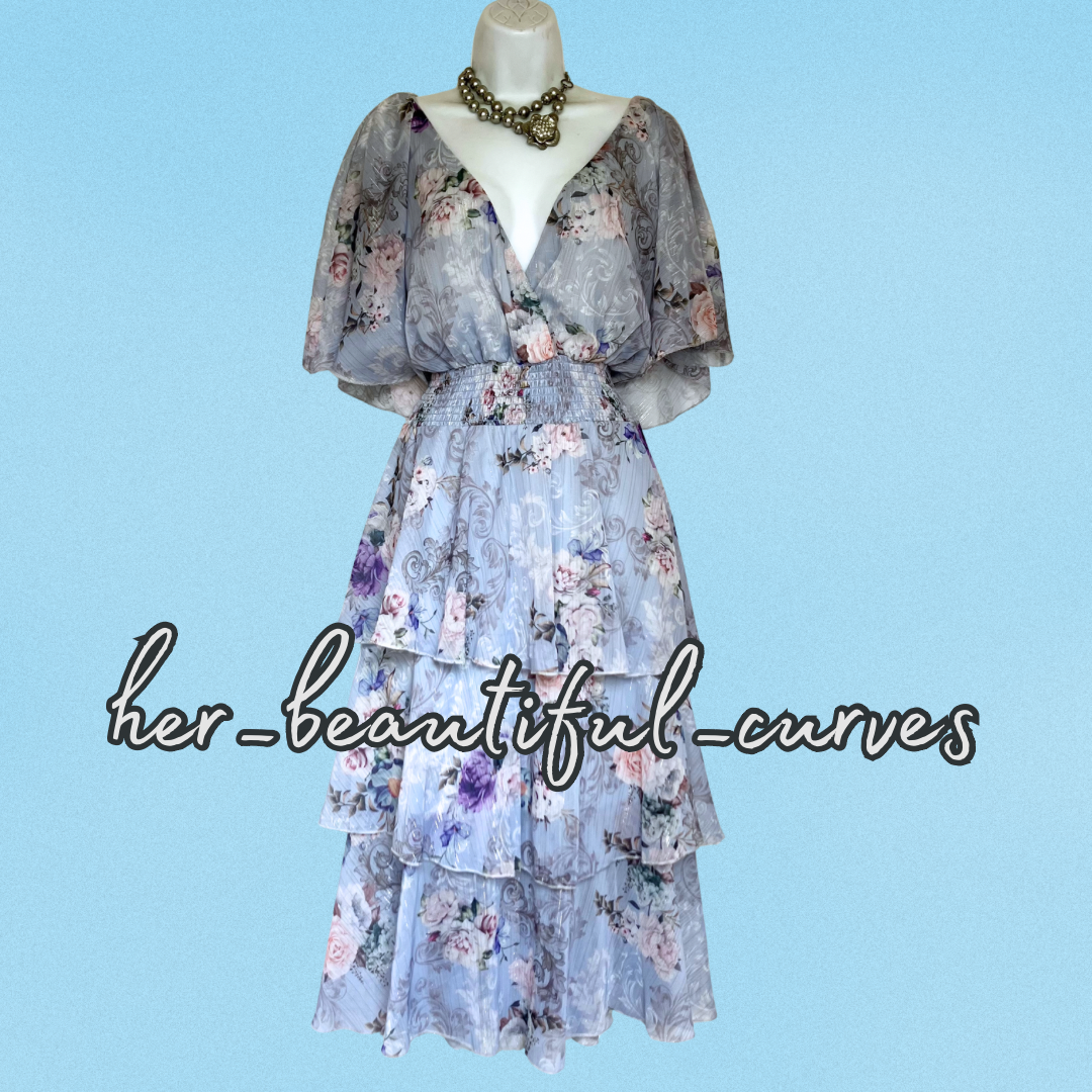 QUIZ FLORAL PRINT GLITTERING THREADS TIERED MIDI OCCASION PARTY DRESS SIZE 22