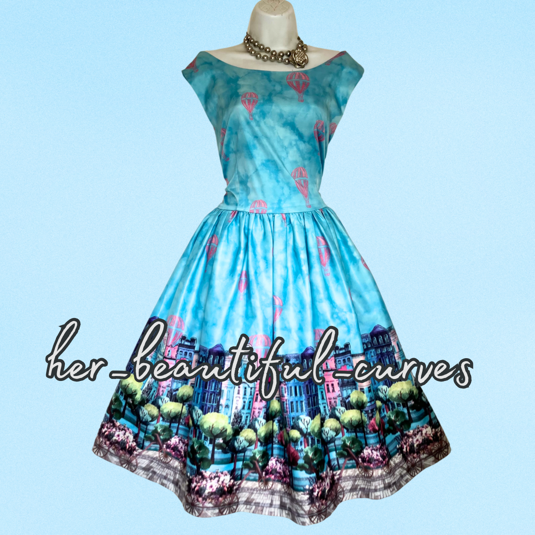 LINDY BOP BLUE PARISIAN PATTERN VINTAGE STYLE OCCASION PARTY DRESS SIZE 18