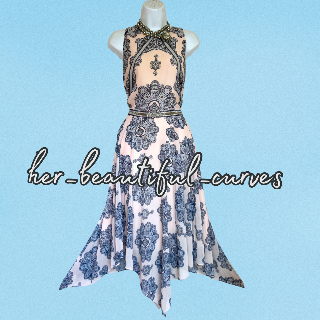 MONSOON HERITAGE PRINT HANDKERCHIEF HEM OCCASION PARTY DRESS SIZE 16