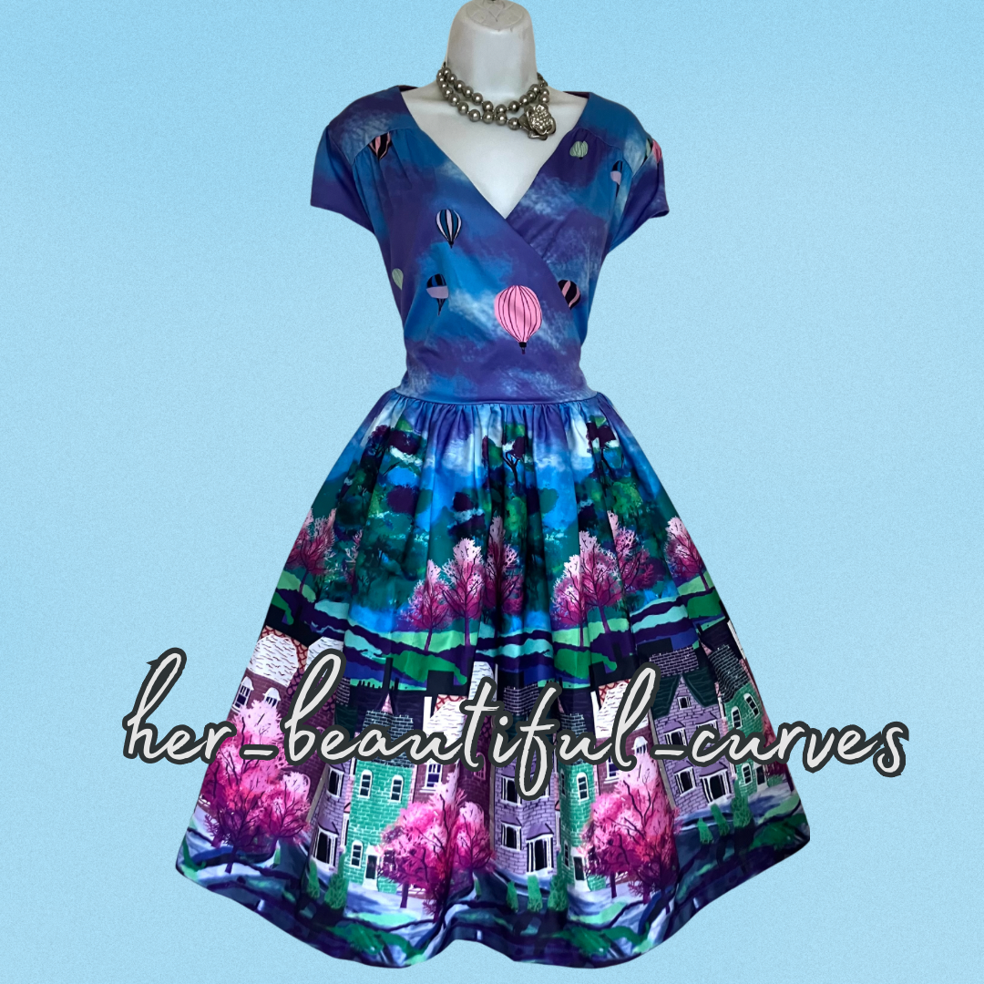 LINDY BOP PURPLE STREET PRINT VINTAGE STYLE WEDDING OCCASION PARTY DRESS SIZE 18