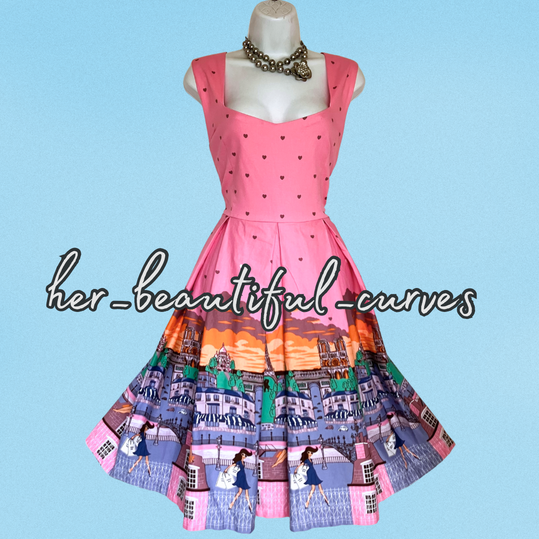 LINDY BOP PINK PARIS PRINT VINTAGE STYLE OCCASION PARTY DRESS SIZE 18 fits 16