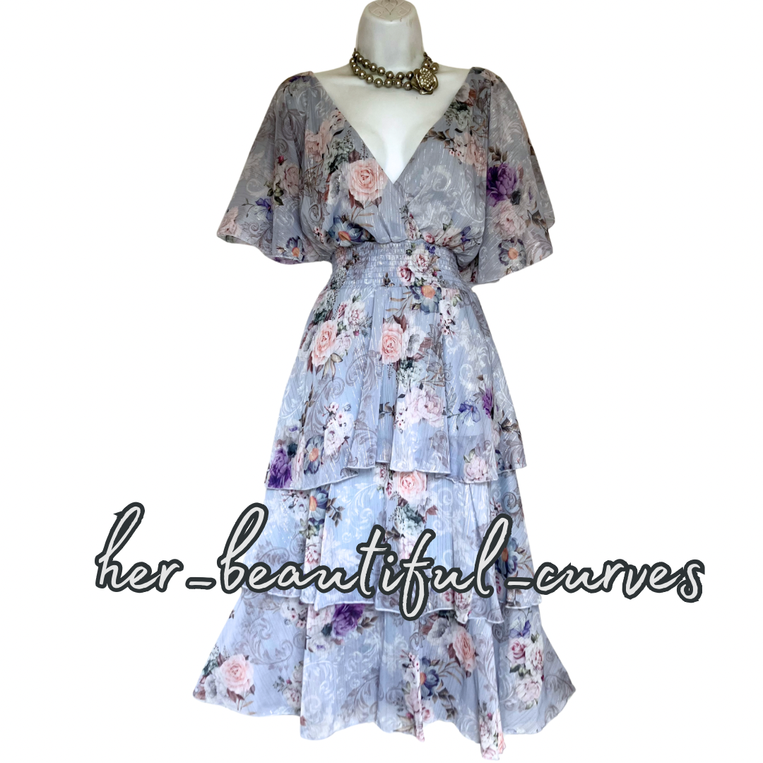 QUIZ FLORAL PRINT GLITTERING THREADS TIERED MIDI OCCASION PARTY DRESS SIZE 18