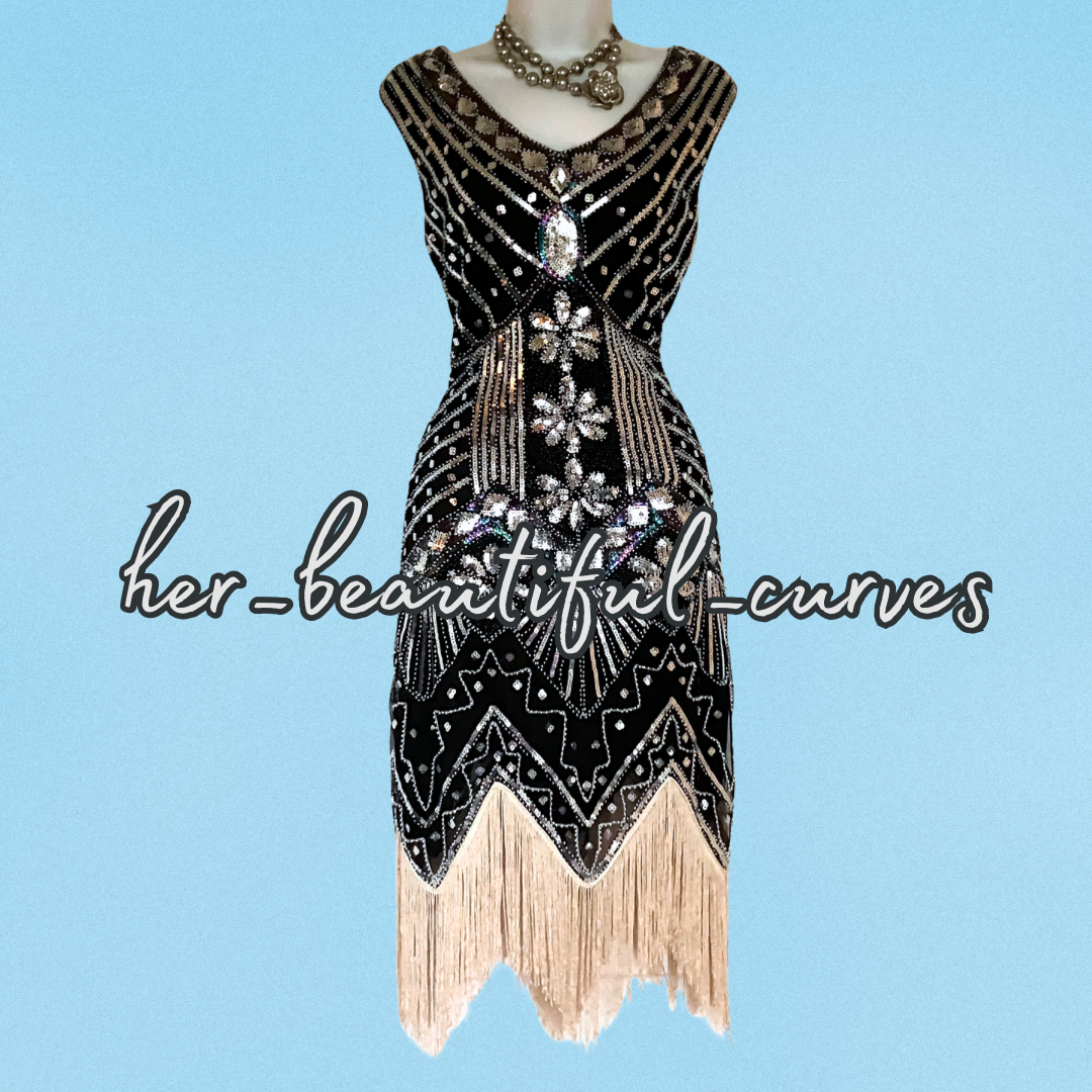 LADIES SEQUINS BEADS 20s GATSBY OCCASION PARTY DRESS SIZE XL FITS 12/14