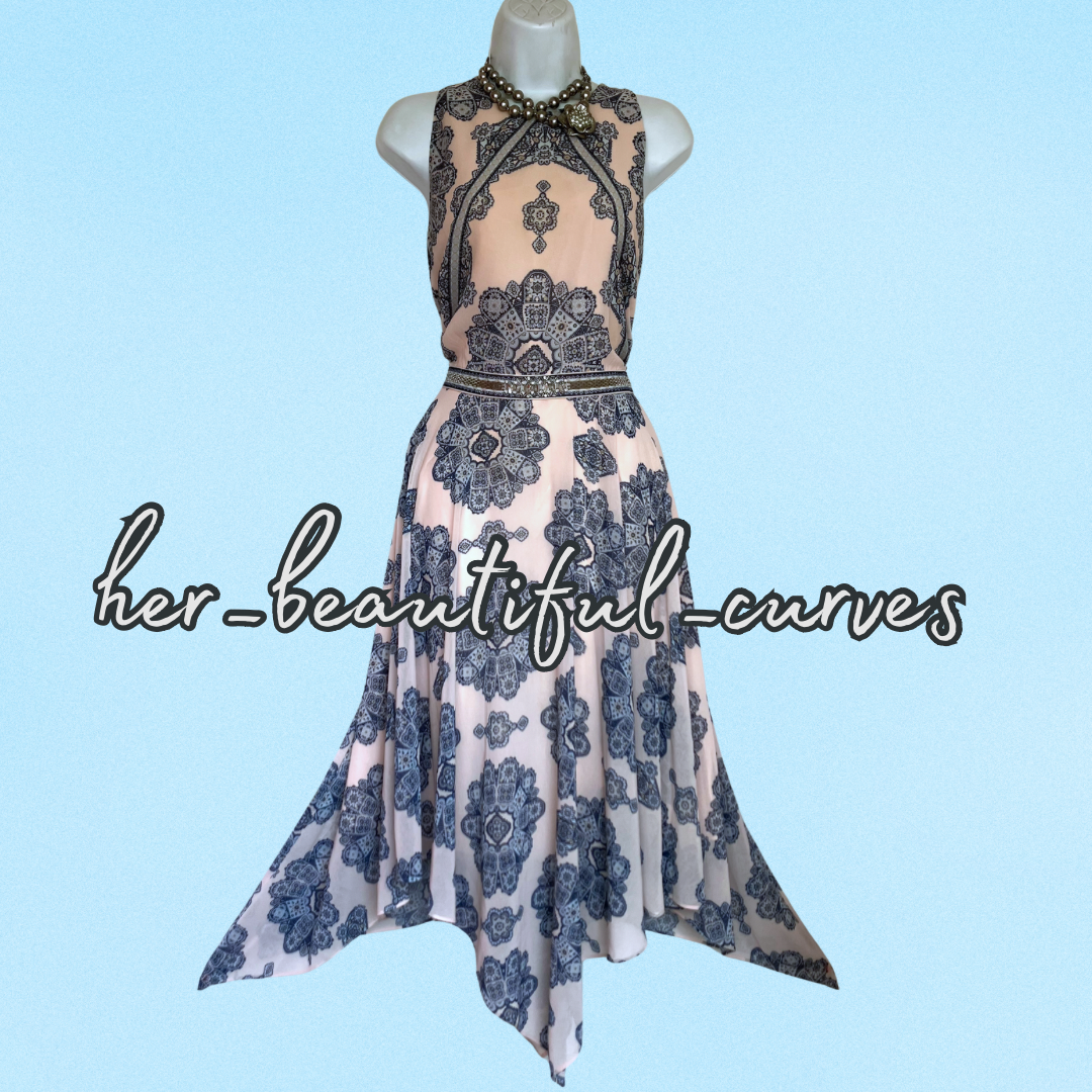 MONSOON HERITAGE PRINT HANDKERCHIEF HEM OCCASION PARTY DRESS SIZE 16