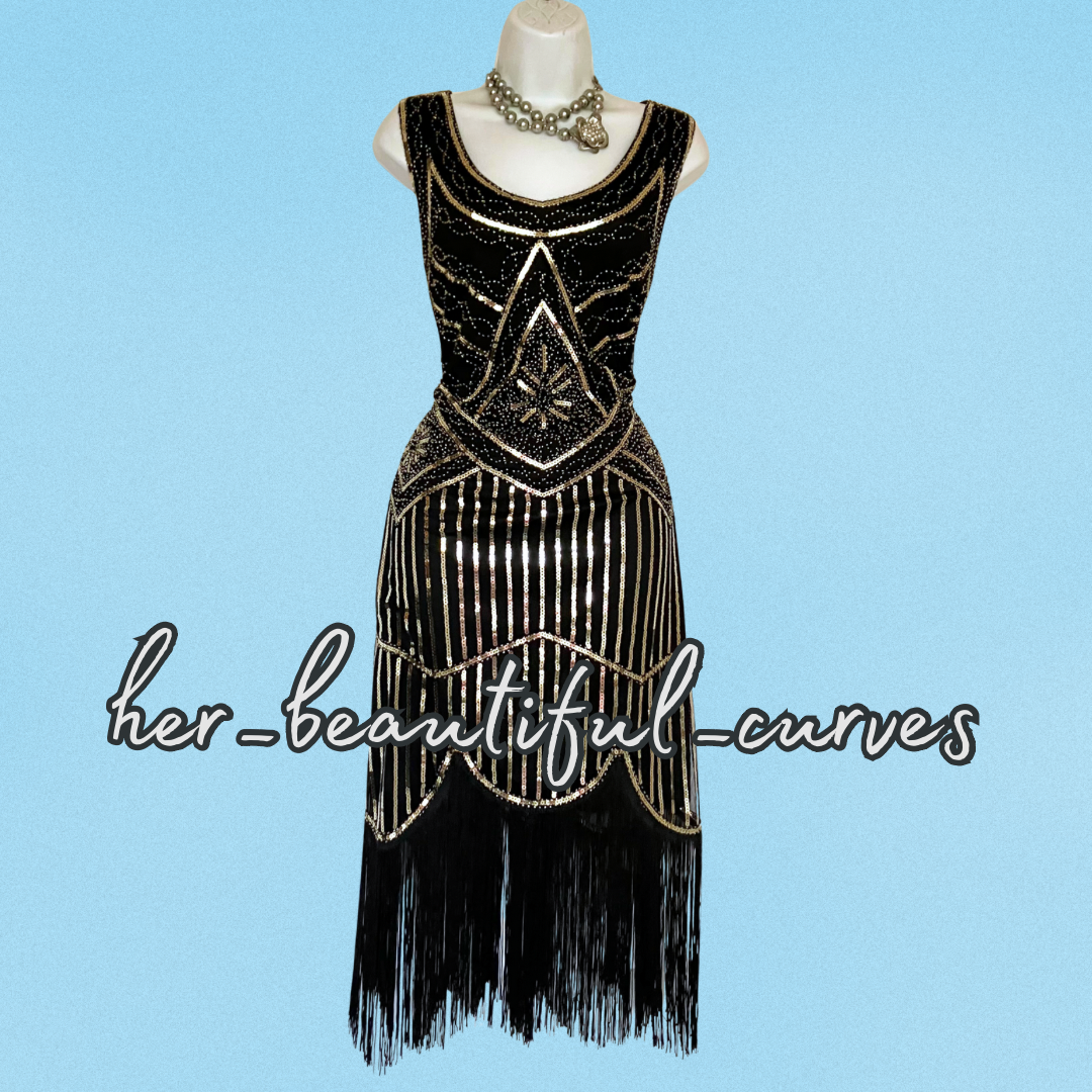LADIES SEQUINED BEADED FRINGED 20s GATSBY OCCASION PARTY DRESS SIZE L FITS 12/14