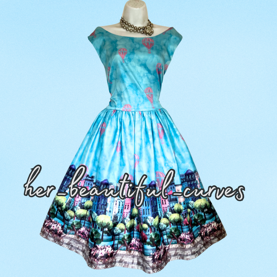 LINDY BOP BLUE PARISIAN PATTERN VINTAGE STYLE OCCASION PARTY DRESS SIZE 18