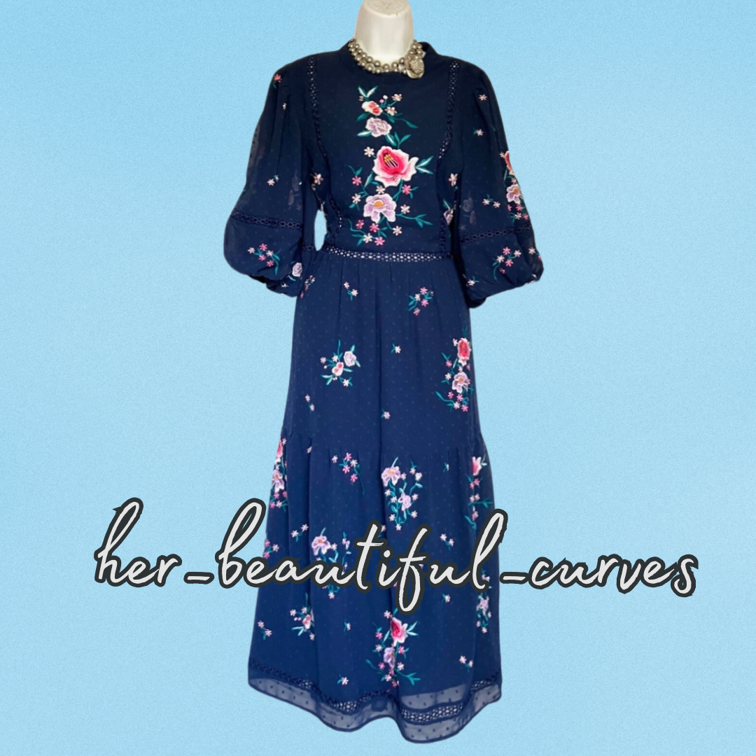 ASOS NAVY Embroidered FLORAL MIDI OCCASION PARTY DRESS SIZE 24
