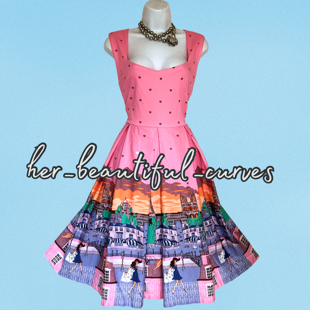LINDY BOP PINK PARIS PRINT VINTAGE STYLE OCCASION PARTY DRESS SIZE 18 fits 16