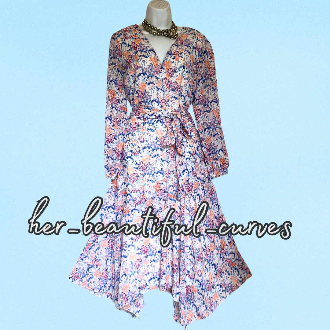 QUIZ FLORAL & DOT PATTERN HANDKERCHIEF HEM WEDDING OCCASION PARTY DRESS SIZE 14