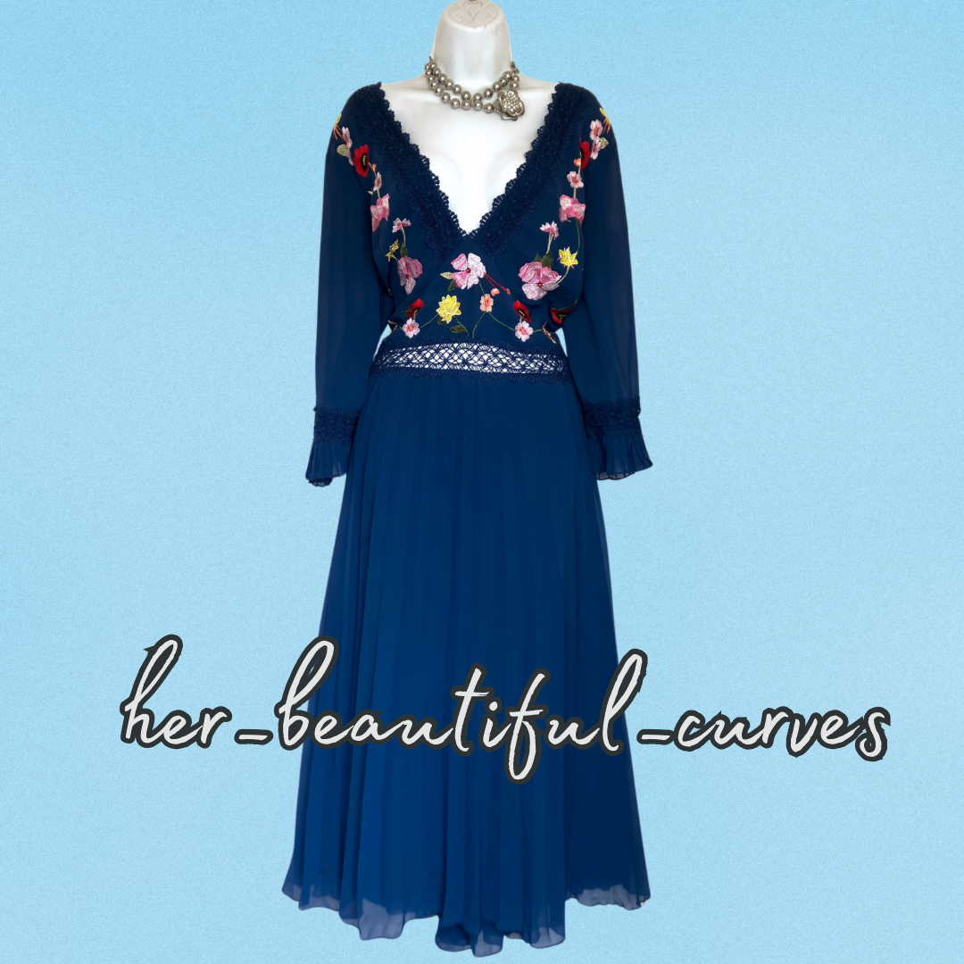 ASOS EMBROIDERED FLORAL PLEATED MIDI OCCASION PARTY DRESS SIZE 24