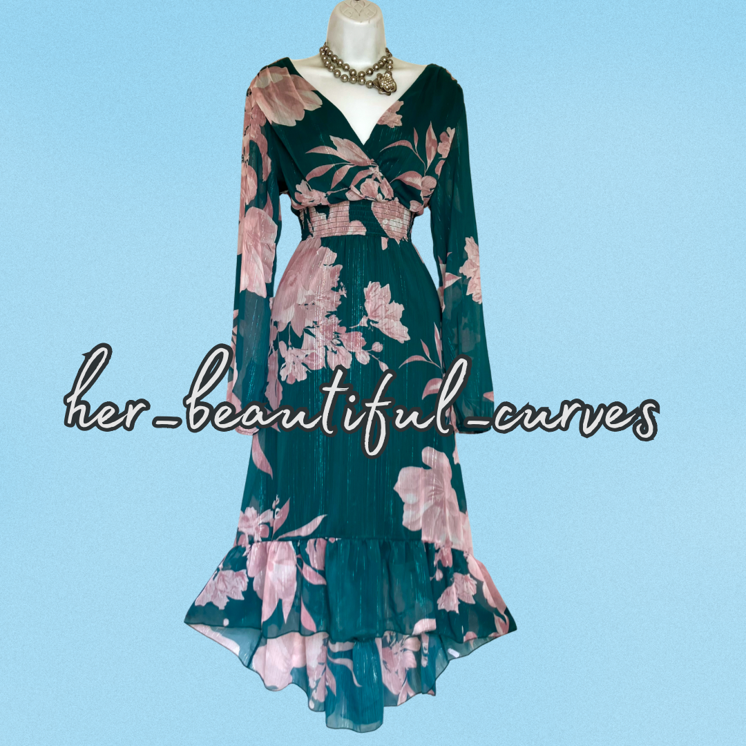 QUIZ FLORAL SHIMMERING THREADS HI LOW WEDDING OCCASION PARTY DRESS SIZE 14
