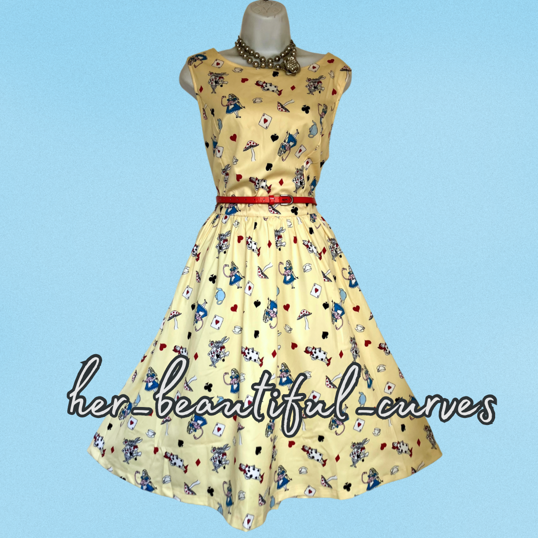 LINDY BOP ALICE IN WONDERLAND 50s VINTAGE STYLE OCCASION PARTY DRESS SIZE 16 NEW