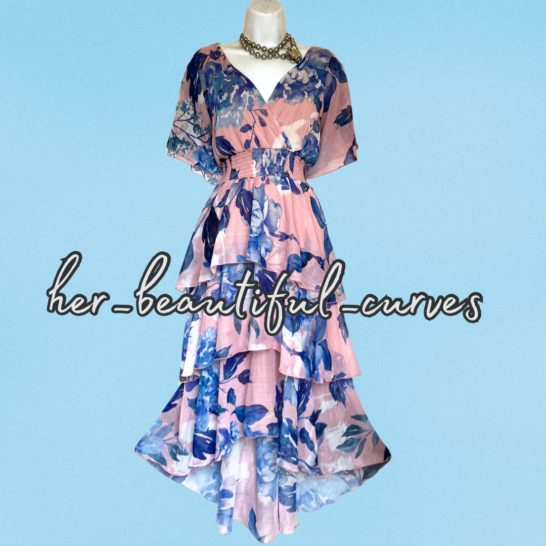 QUIZ FLORAL PRINT GLITTER THREADS TIERED HI LOW PARTY DRESS SIZE 20