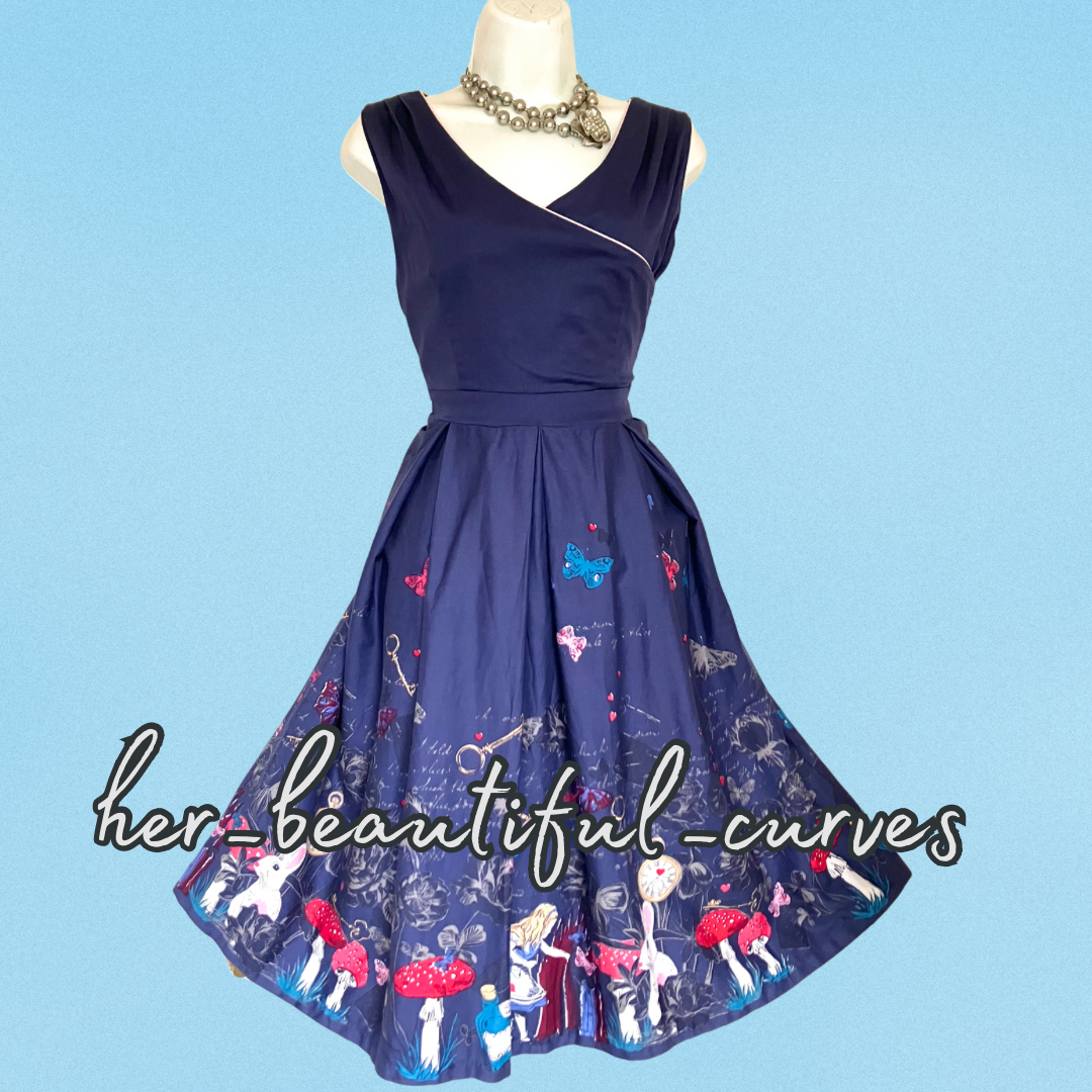 LINDY BOP ALICE IN WONDERLAND PRITN VINTAGE STYLE OCCASION PARTY DRESS SIZE 12