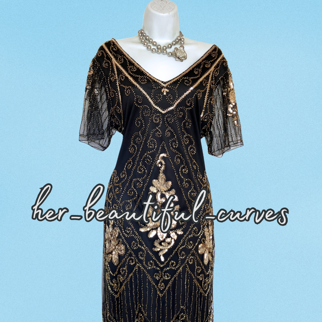 FAYBOX 20s GATSBY FLAPPER SEQUINED BEADED FRINGED PARTY DRESS SIZE L FITS 14