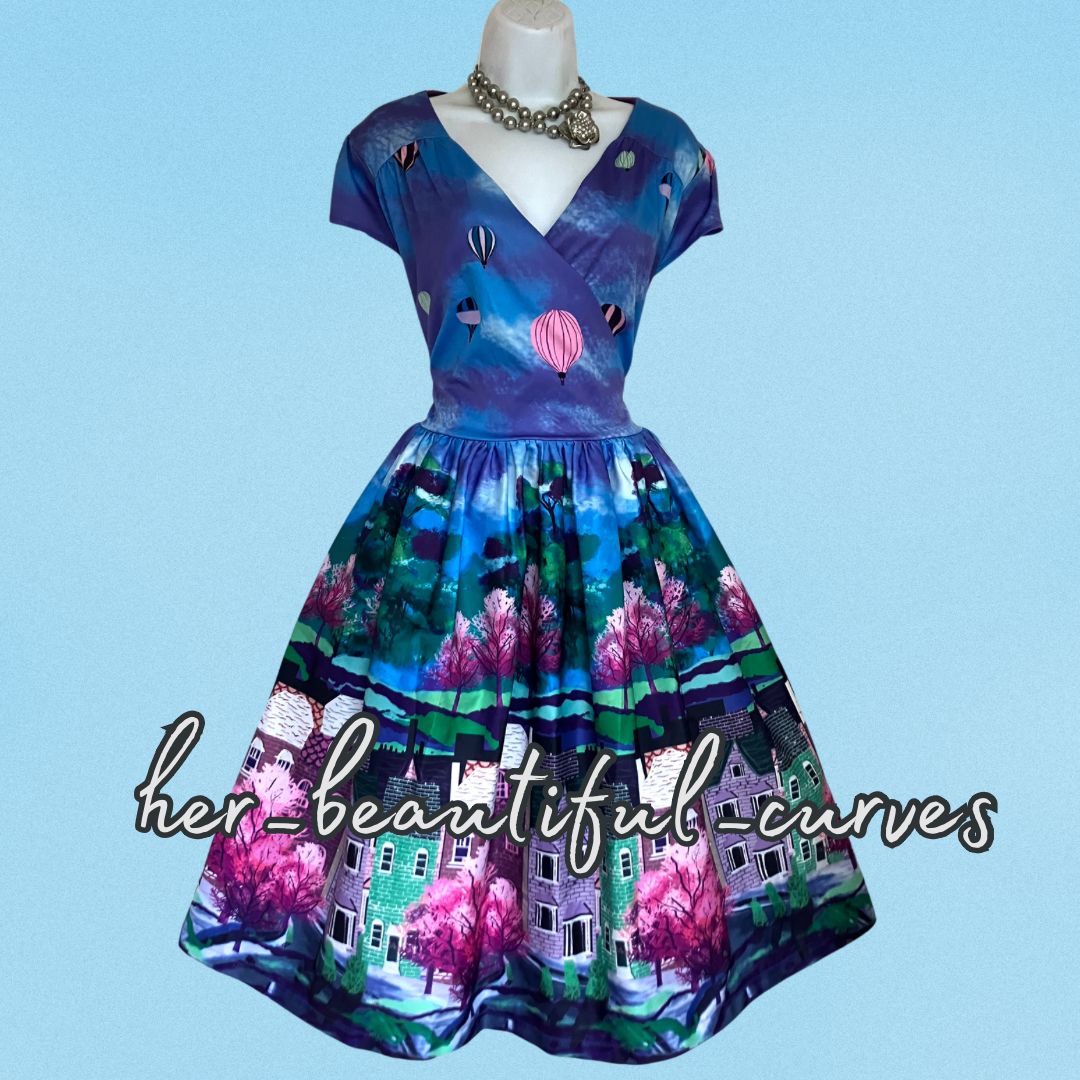 LINDY BOP PURPLE STREET PRINT VINTAGE STYLE WEDDING OCCASION PARTY DRESS SIZE 18